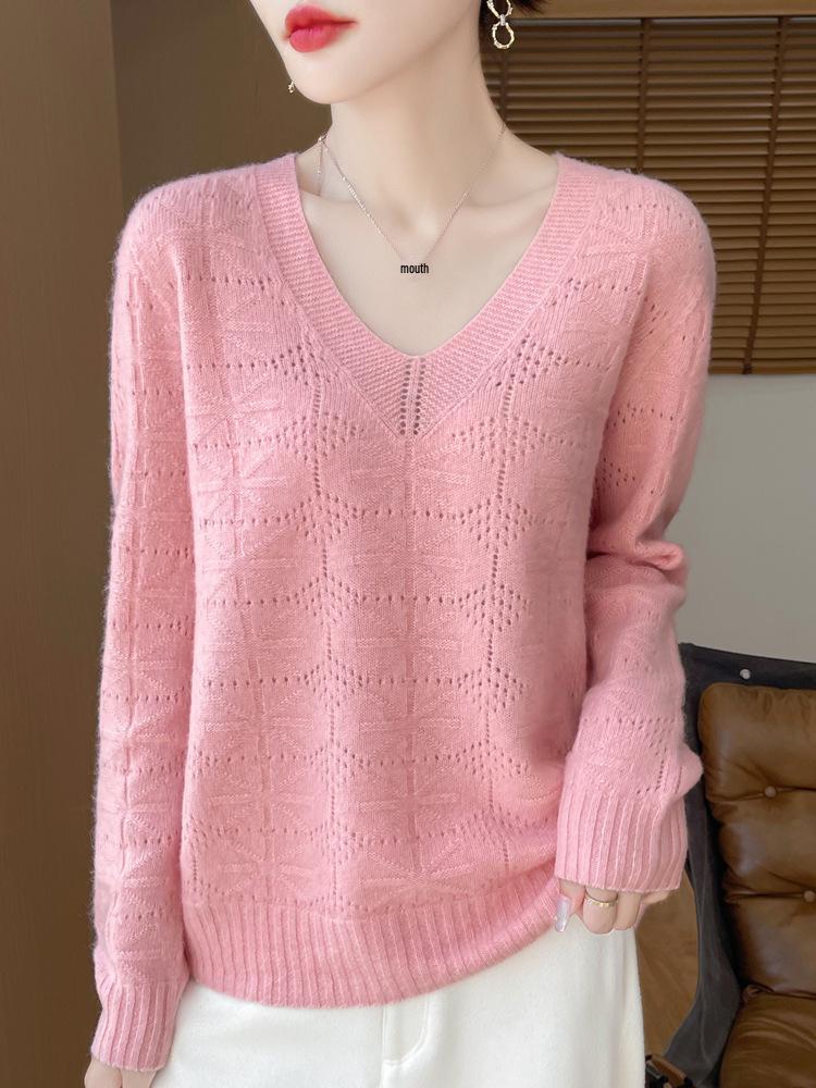 Women's V-Neck Hollow-Out Wool Sweater: Long-Sleeved, Loose-Fit Knit Base Layer