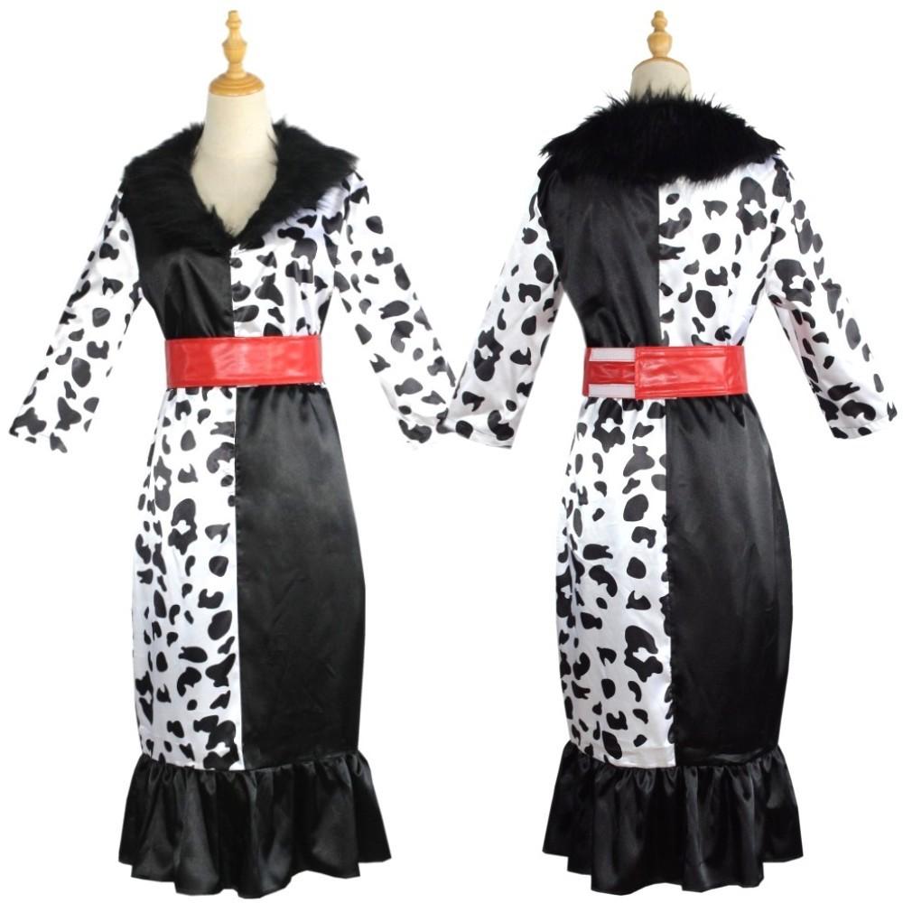 Hot Queen DeVil Cruella 101 Dogs Cos Spot Dress Anime 101 Dogs Cruella Cosplay Costumes Halloween Carnival Costumes Adult Women S&Other