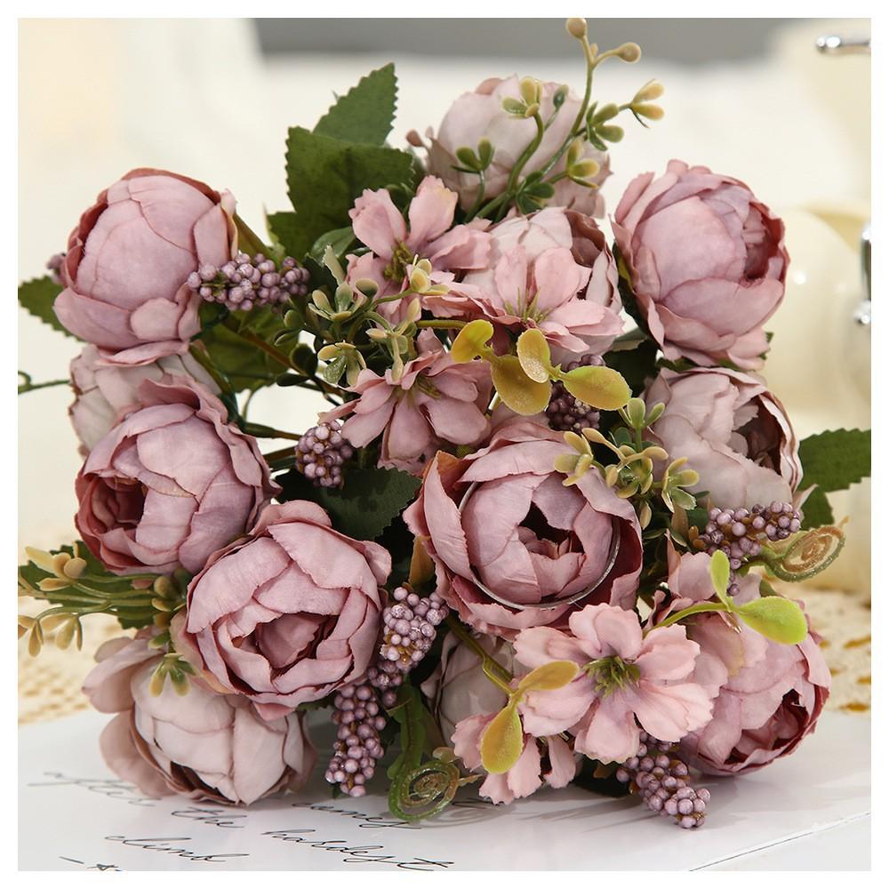 Blush Pink Artificial Peony Bouquet, Fake Silk Flowers with Greenery for Home Wedding Decor