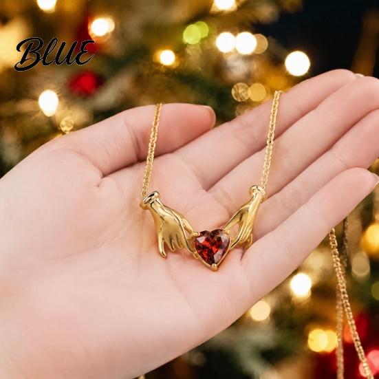 Vintage Style Alloy Necklace Hands Holding Heart Necklace Red Cubic Zirconia Meaningful Valentine Day Jewelry Gold-Tone Romantic Dainty for