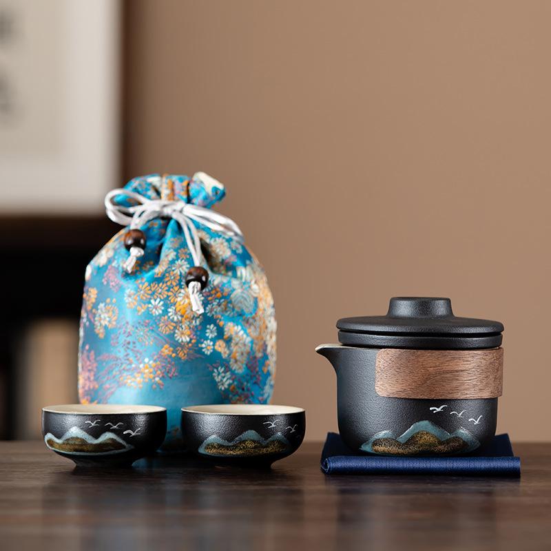 

Travel tea set Portable home retro storage bag Business trip tea coarse pottery and Kuaike cup Commemorative opening event