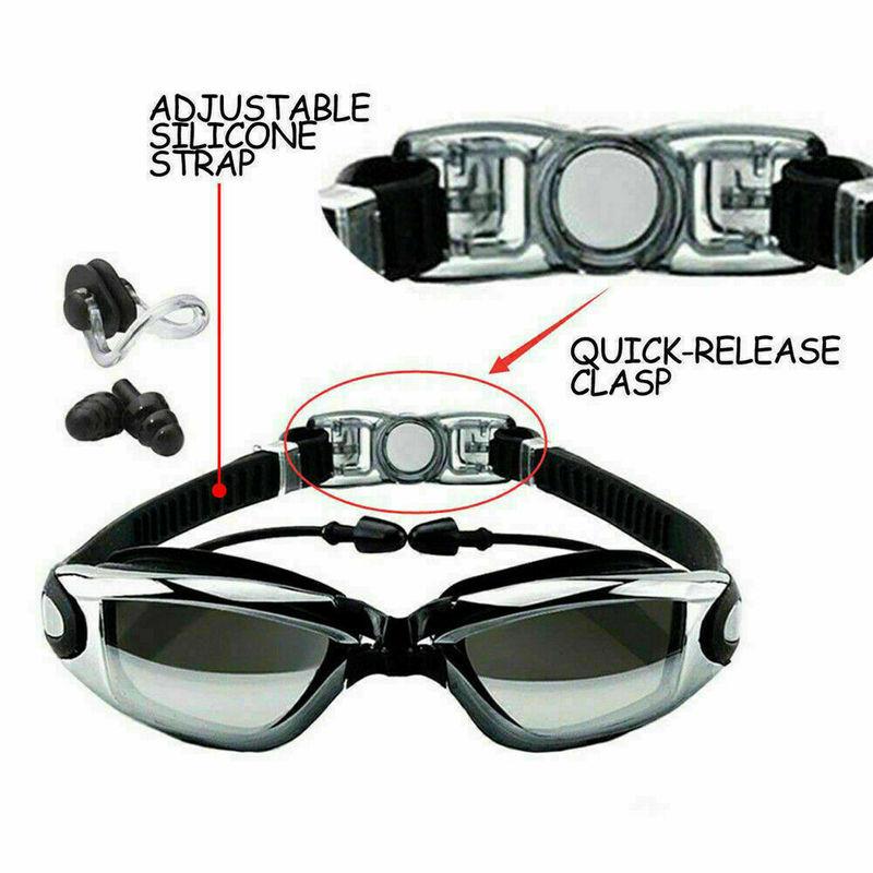 Anti Fog Swimming Goggles UV Glasses Adjustable Earbuds Nose Clip Adult Kids Eye Shield Goggles