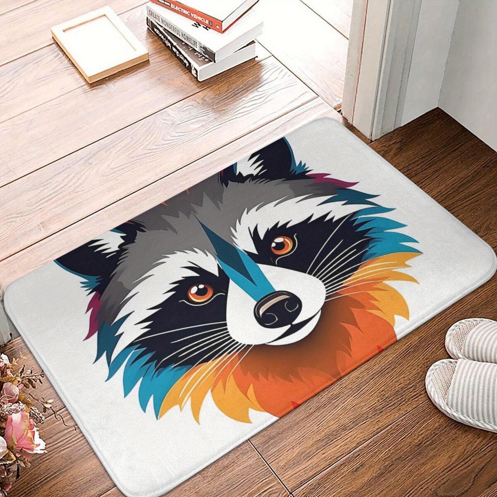 Light Gray Mat with Raccoon Illustration in Colorful Gradient Fur, Polyester Rug for Indoor Home Decor 1PC