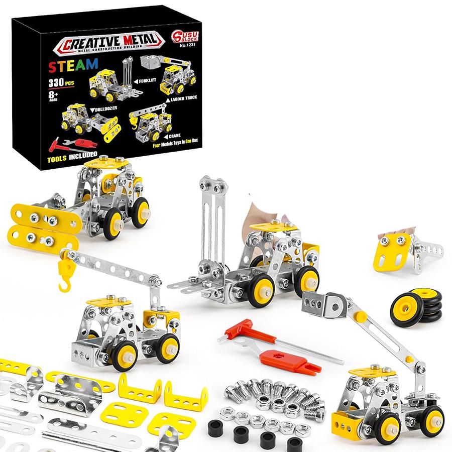 Building Blocks Toys Metal Engineering Vehicles Model Kit Block Toys 4 Models Construction Vehicles Building Sets for Kids
