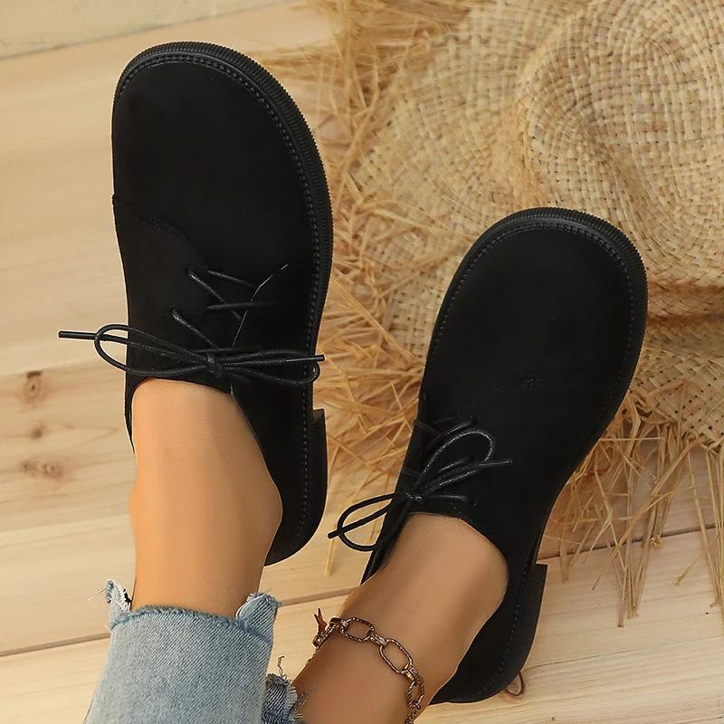 Fashion Leopard Low Heels Pumps Women 2025 Spring Thick Heel Faux Suede Oxford Shoes Woman Plus Size Lace Up Single Shoes Mujer