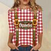 Damen Casual Dreiviertelarm Oktoberfest-Aufdruck Rundhals-Shirt Gestreiftes Muster Oktoberfest-Thema Oberteil