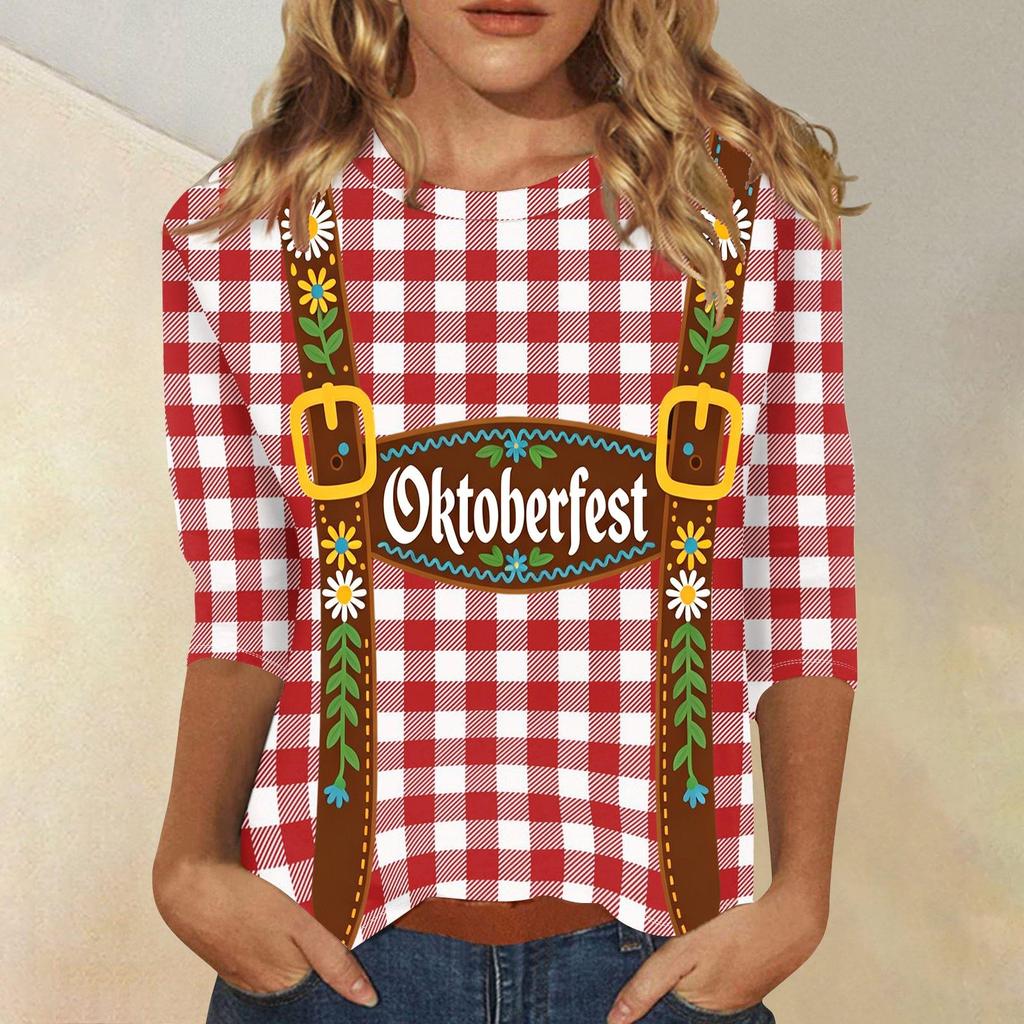 Damen Casual Dreiviertelarm Oktoberfest-Aufdruck Rundhals-Shirt Gestreiftes Muster Oktoberfest-Thema Oberteil