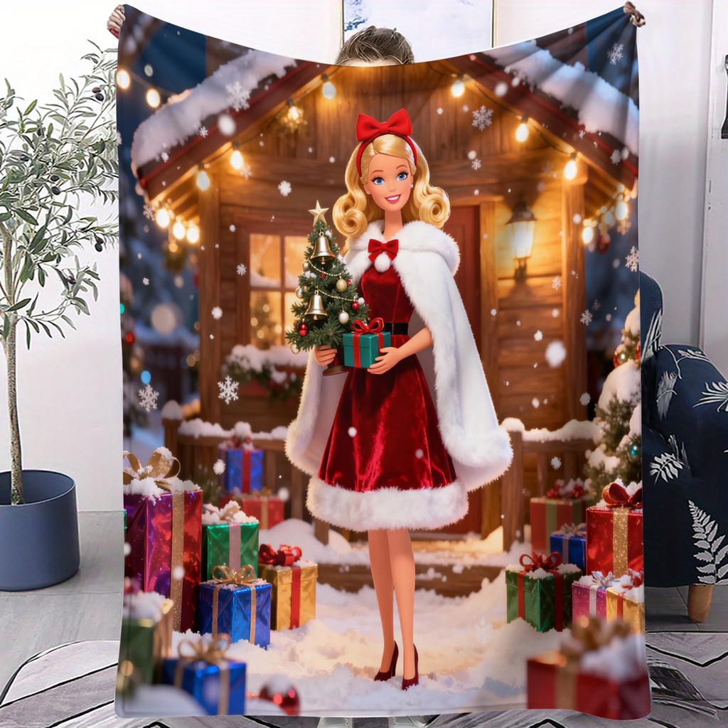 Christmas 3D Cute Barbie Printed Warm Throw Blanket for Home Travel Sofa Soft and Comfortable Picnic Blanket Birthday Gift