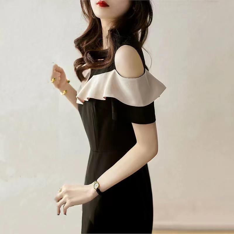 2024 Summer Off-Shoulder Elegant Slim Black Dress with Short Sleeves and Ruffled Design for Women
