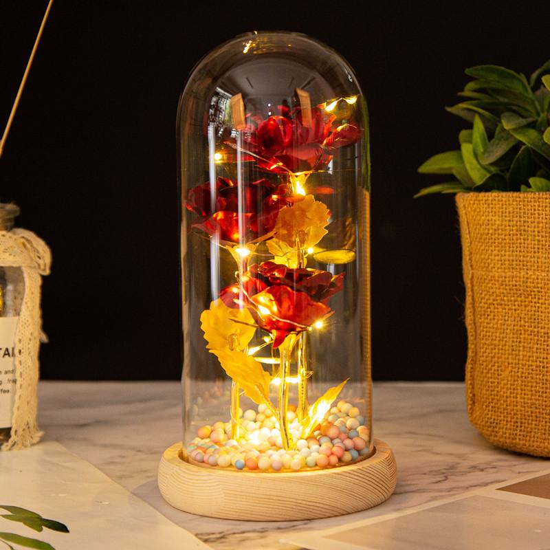Three glass cover gold foil flower ornament, mother's Valentine's Day gift, luminous LED rose simulation bouquet