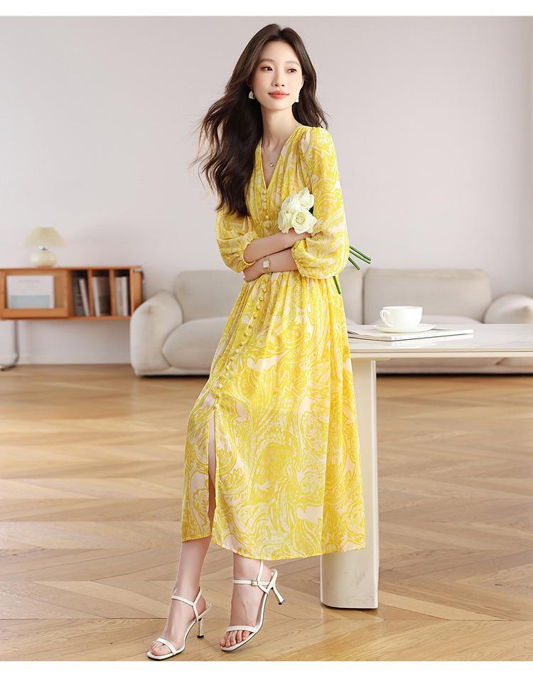 V-Neck Yellow Floral Tencel Chiffon Dress for Beach Vacation