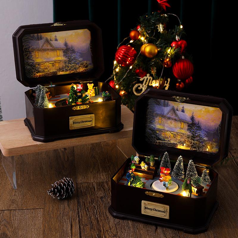 High-quality Christmas Party Decorations LED Night Lights Wooden Crafts Music Boxes Christmas Tabletop Ornament Holiday Supplies