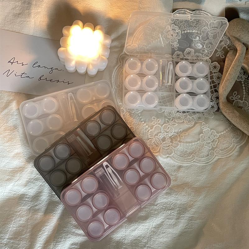 Transparent Contact Lens Case Portable Plastic Storage Box with Tweezer Suction Stick Set for Travel Holiday Companion Organizer