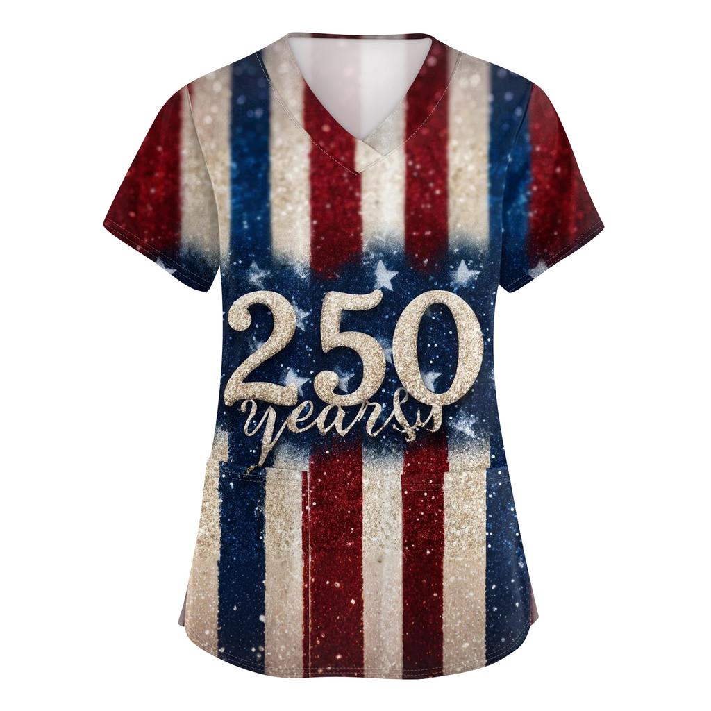 Damen V-Ausschnitt Unabhängigkeitstag Aufdruck Kurzarm Tasche Seitenöffnung Schutzkleidung Arbeitshemd