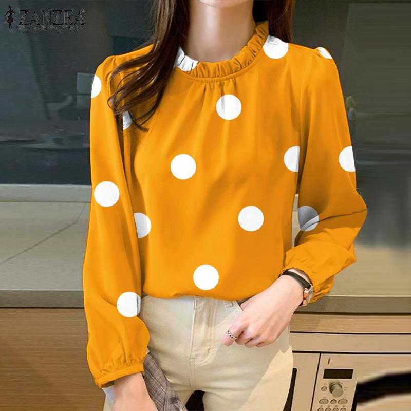 

ZANZEA Повседневная блузка с длинными рукавами и круглым вырезом в горошек
