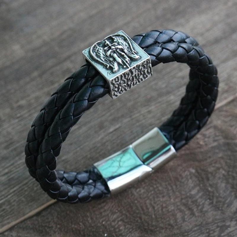 Archangel St Michael Viking Bracelet Norse Men Warrior Jewelry Medieval Revival Bangle Antique Silver Plated-17cm серебряный