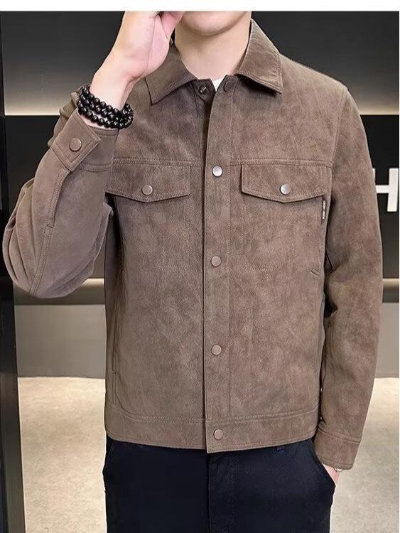 Men's Trendy Slim-Fit Leather Jacket - Autumn/Winter High-End American Style with Lapel