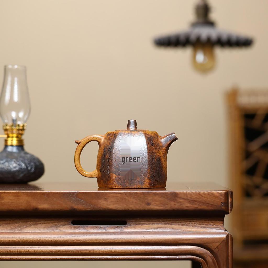 Yixing Zisha Teapot: Semi-Handmade Hexagonal Pine Carving with High Temperature Gold Sand Finish