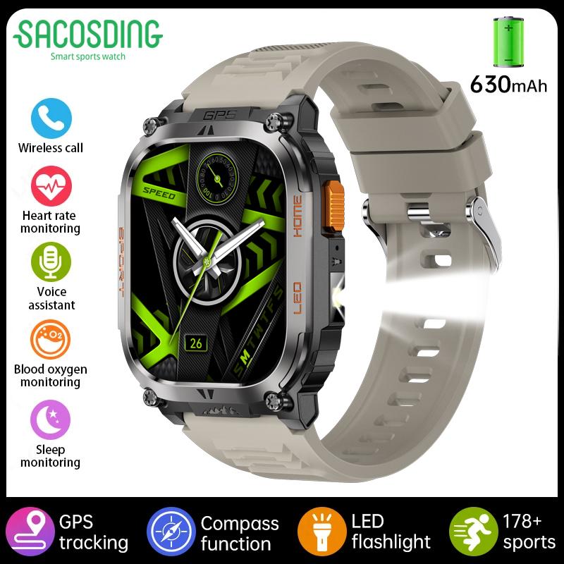 SACOSDING GPS Tracker Smart Watch IP68 Waterproof 2.01-inch HD Display Compass 630mAh Battery Heart Rate BT Call Outdoor Sport Smart Watch