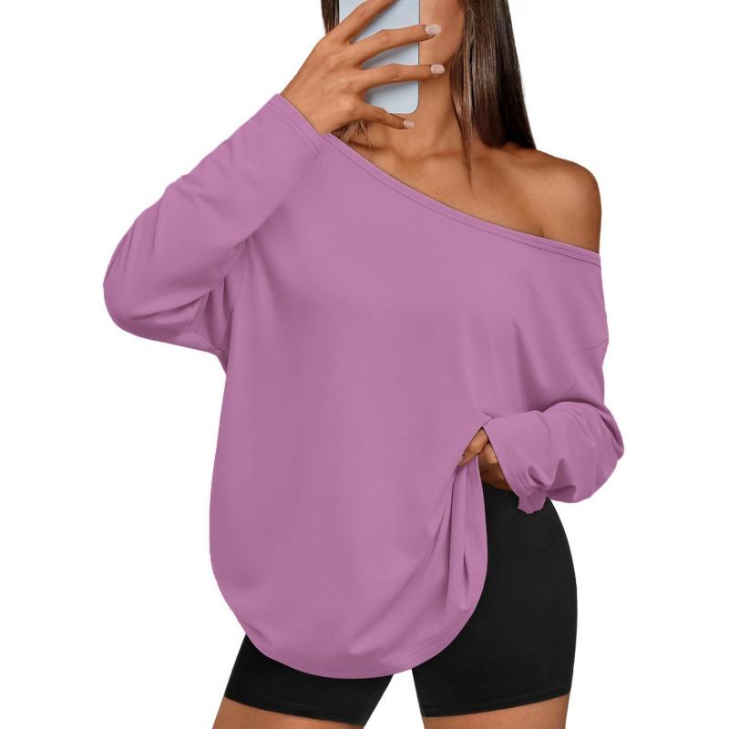 Women S Color Block Off Shoulder Hooded Long Sleeve Casual Sports T Shirt