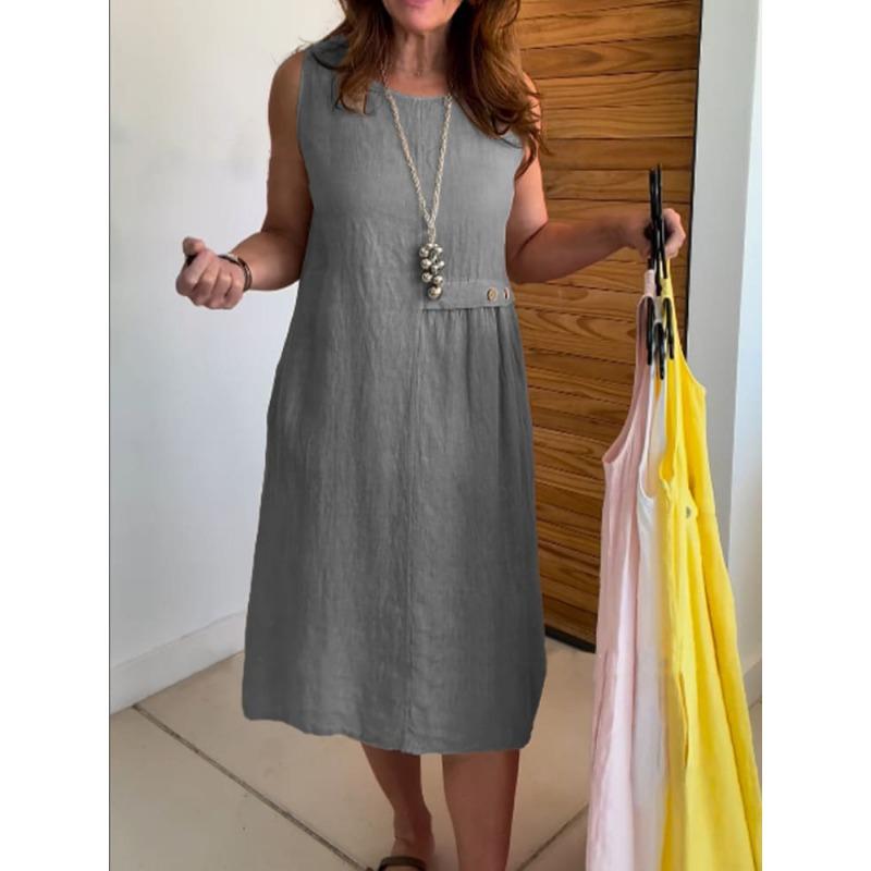 DAFIFY Moda feminina verão primavera cor sólida estampa sem mangas gola redonda cintura solta vestidos casuais