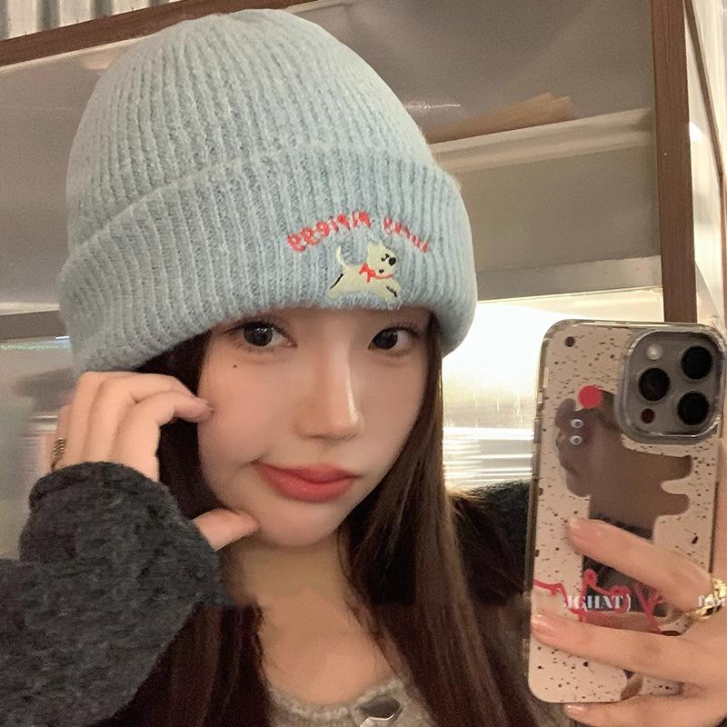 Korean Cute Puppy Knitted Wool Hat for Women Thickened Warm Autumn and Winter New Style Showing Face Small Bag Head Cartoon Cold Hat