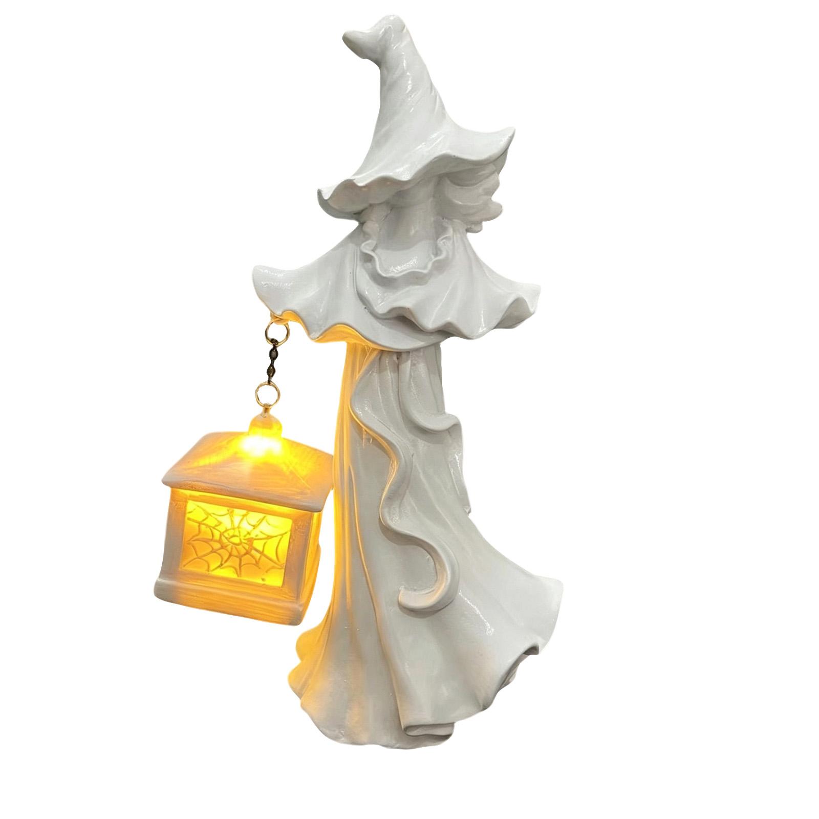 

Ceramic Witch Figurine Holding Lantern with Candle Light Halloween Outdoor Tabletop Decoration for Seasonal Display One Size білий