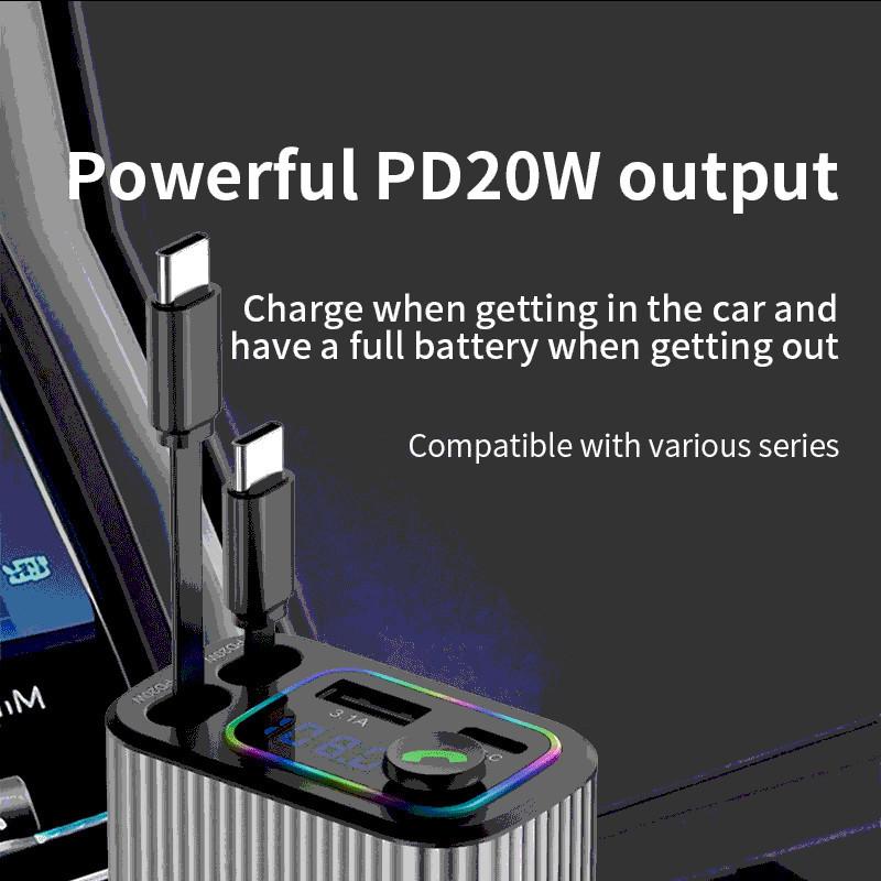 Nabíječka do auta 4 v 1 Bluetooth Multifunkční nabíječka Pohodlné použití Nabíjecí adaptér Type-C s digitálním displejem s výsuvným kabelem Pro iPhone