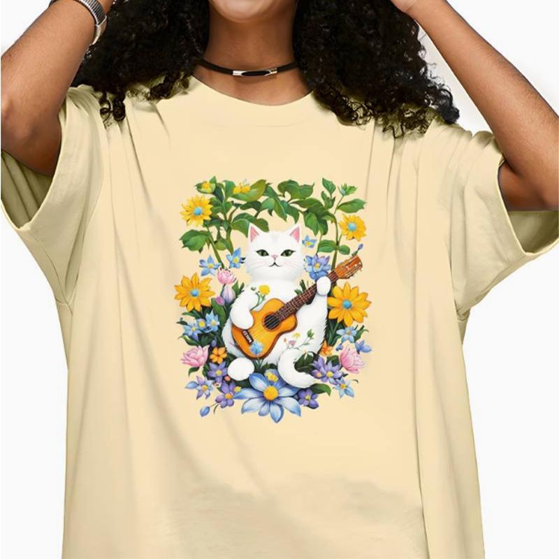 

Модная женская футболка с принтом «Волшебный кот», забавная повседневная футболка с круглым вырезом и короткими рукавами, летняя женская футболка 8XL бежевый