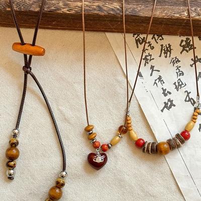 Retro Wooden Beaded Pendant Necklace Female Niche Design Sense National Style Fashion Long Sweater Chain