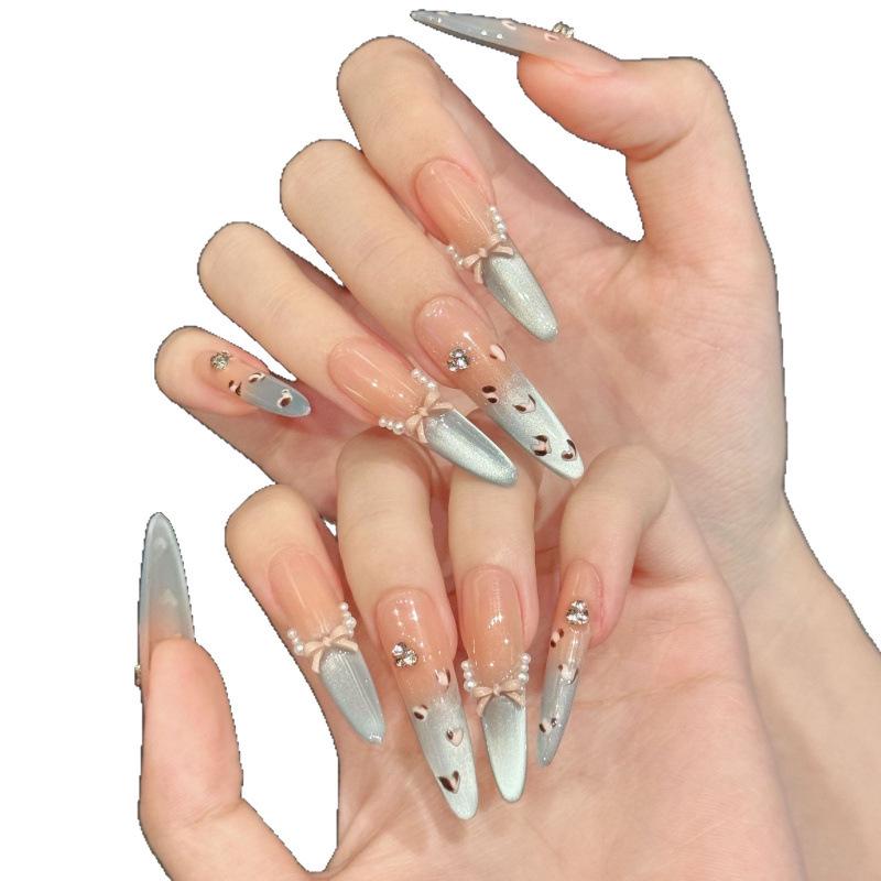 Handmade Blue Cat Eye Leopard Print Press-On Nails with French Bow Design