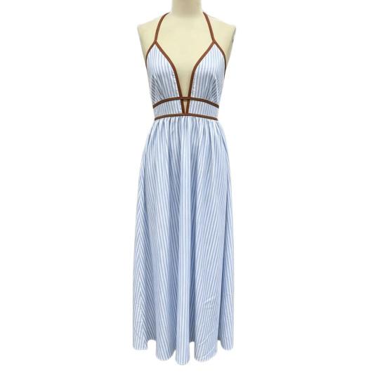 Women's Halter Striped Maxi Dress Sleeveless Deep V Neck A Line Sundress Summer A-Line Beach Vacation Dress