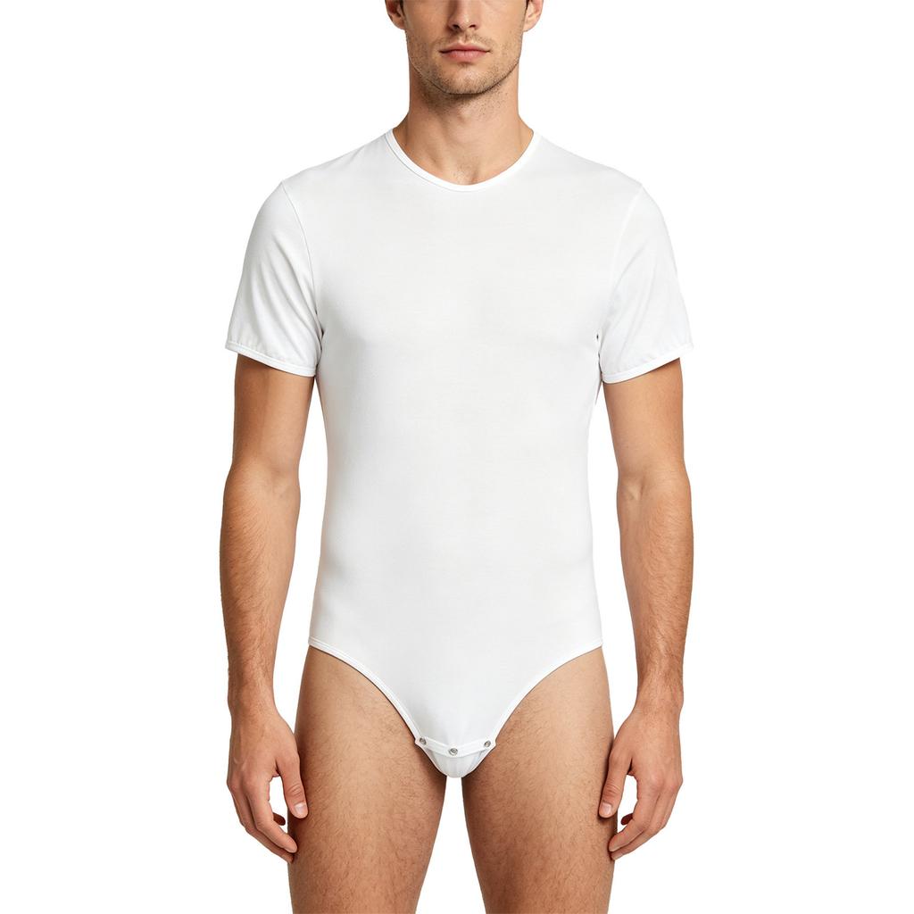 Men Sexy One Piece Lingerie Solid Color Short Sleeves Press Crotch Bodysuit Romper Pajamas