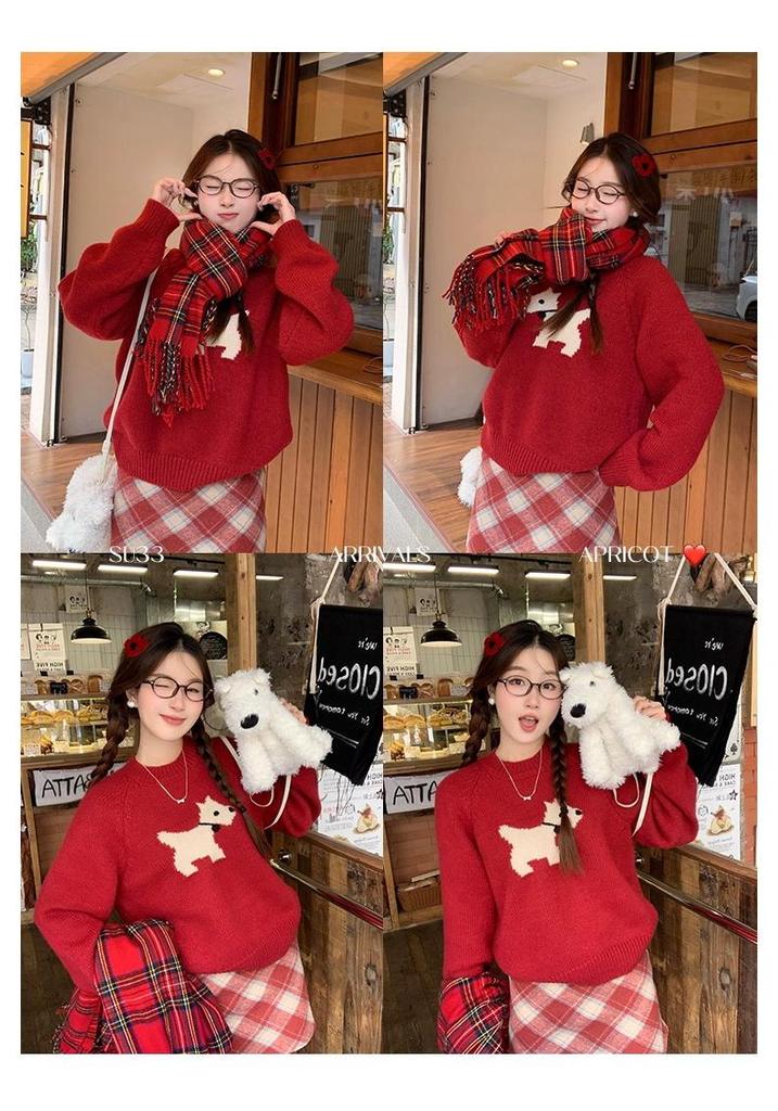 Pulover roșu rotund, cu tricotaj larg, pentru femei, cu design la modă cu cățeluș - Top trendy toamnă/iarnă, care întinerește.