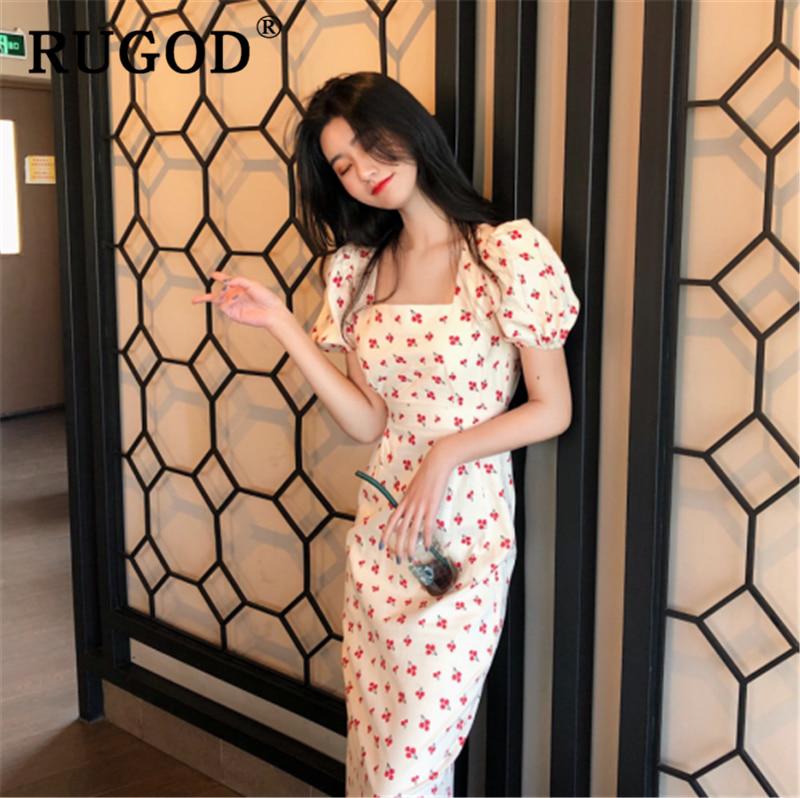 RUGOD Vintage Puff Sleeve Printed Long Dress Elegant Ruffle Square Sleeve Slim Maxi Dresses Vestidos Vestidos De Fiesta De Noche