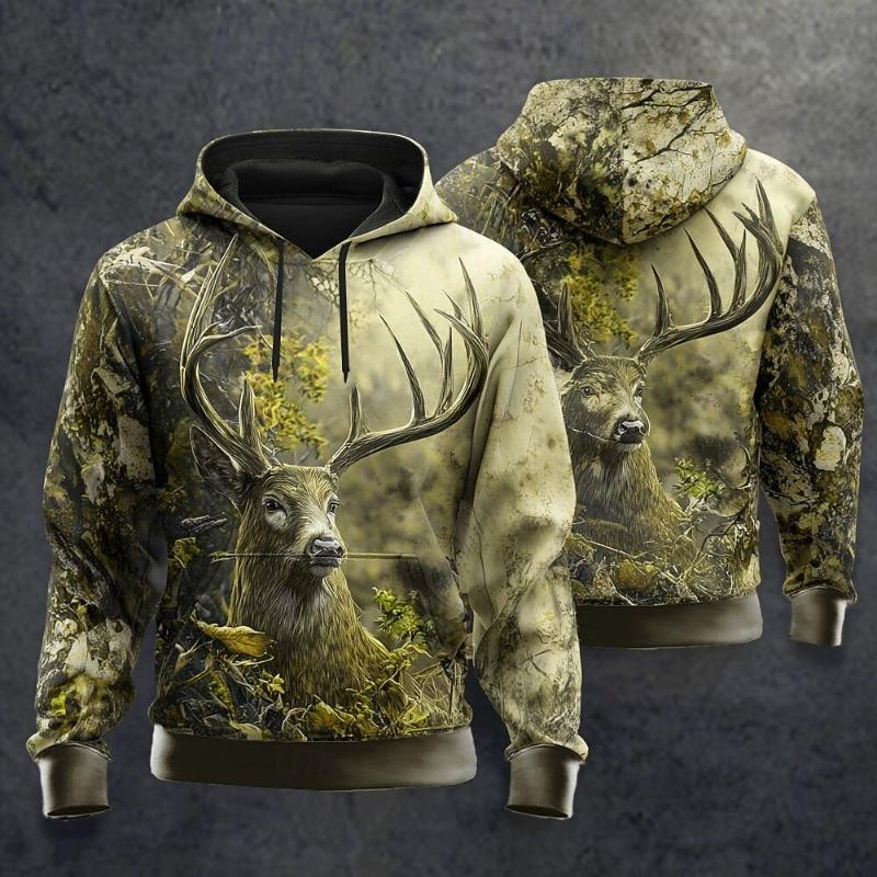Automne 2025 Extérieur Hommes Animal Cerf Impression 3D à Capuche Chasse Sweats à Capuche Sweatshirt Manches Longues Col Rond Streetwear Cordon de Serrage Hauts