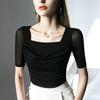 French Vintage Square Neck Half-Sleeve Tulle Blouse Women Summer New Fashion Inner Wear T-Shirt