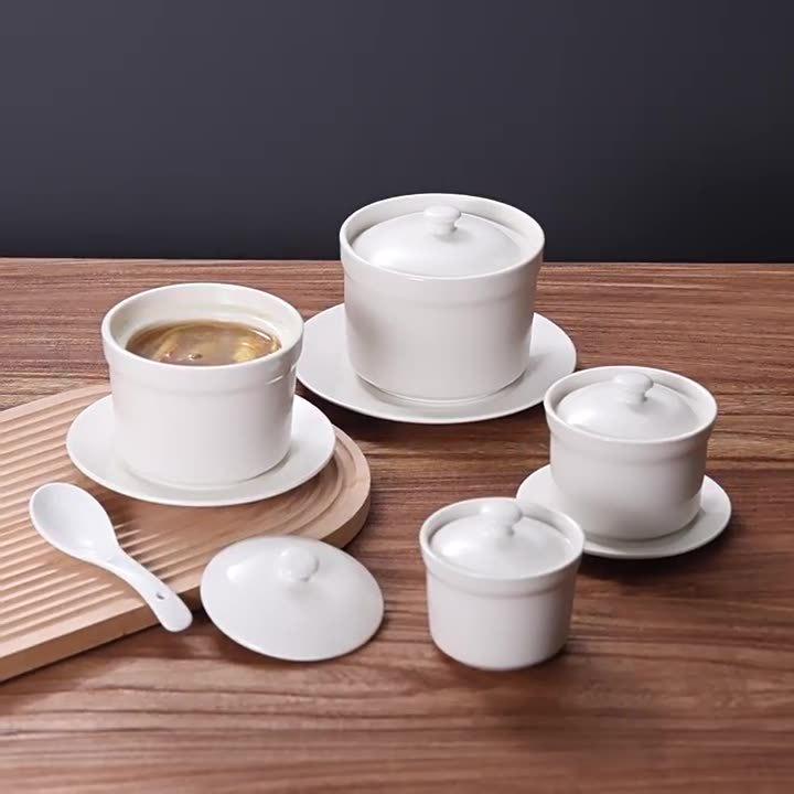 White Magnesia Porcelain Soup Pot with Lid – Ideal for Steaming Eggs and Stewing Bird's Nest In Restaurants and Hotels.