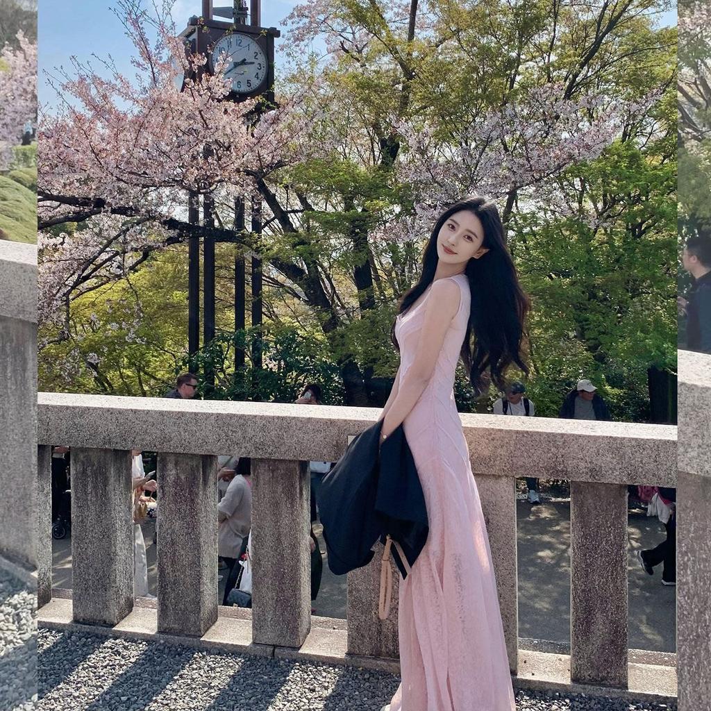 Französisches rosa Spitzenkleid Damen Sommer Neu Urlaubsstil Altersmilderndes Temperament Ärmellos Taille A-Linie Langkleid