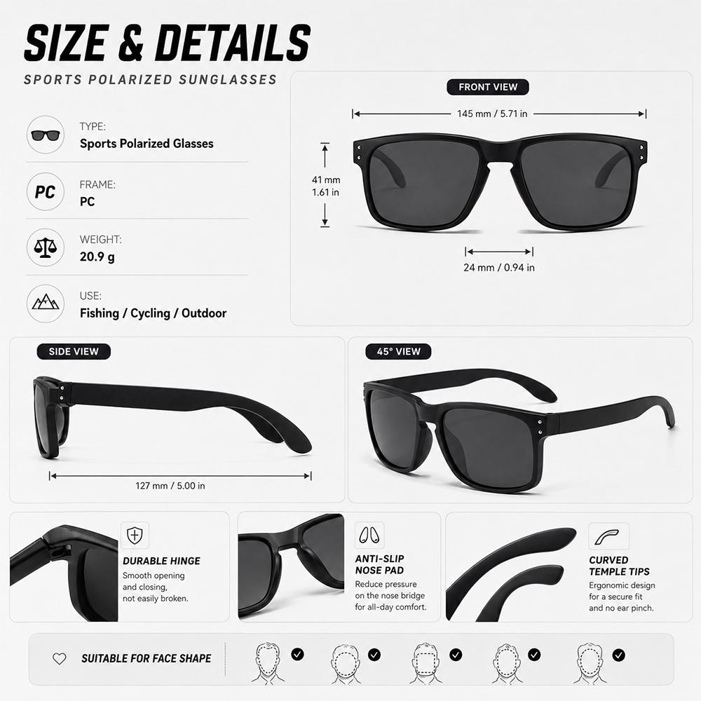 Fashion Polarized Square Sunglasses Men Women UV400 Protection Driving Cycling Fishing Outdoor Shades Sun Glasses