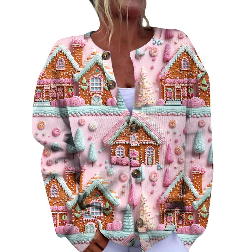 Women's Fashion Christmas Printed Long Sleeve Knitted Cardigan Button Down Jacket