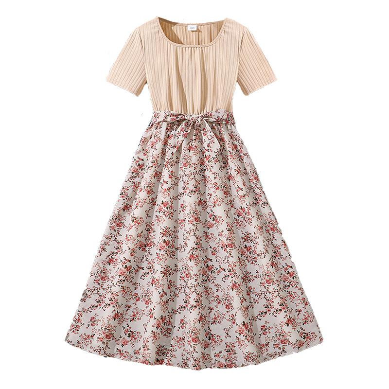 Girls Fashion Dress Summer Children Short Sleeve Patchwork Sweet Floral Dress