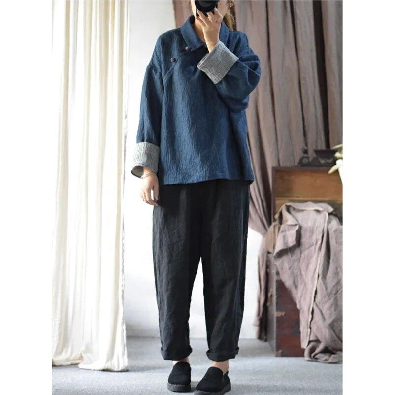 Johnature Linen Lapel Vintage Style Loose Shirt Autumn Woman Long Sleeves Splicing Contrast Color Shirt