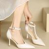 Fashion New Fashionable Lacquer Leather T-shaped Pointed Fine Straw Shoes French High Heels One Button Baotou Sandals