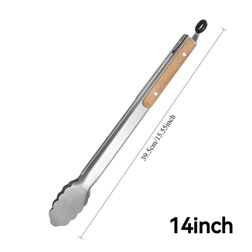 Heavy Duty Stainless Steel Food Tongs with Wooden Handle, Heat Resistant BBQ Grilling Tool for Kitchen & Outdoor, 9-16 Inch