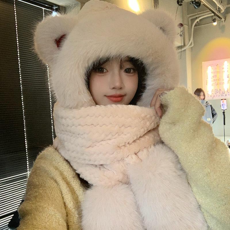 

2025 Женский милый капюшон с медведем: Зимний плюшевый набор шапка, шарф, перчатки One Size (54-58cm)