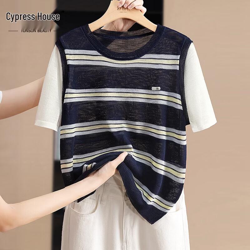 Women s Contrast Stripe Faux Two-Piece Knit T-Shirt One Size