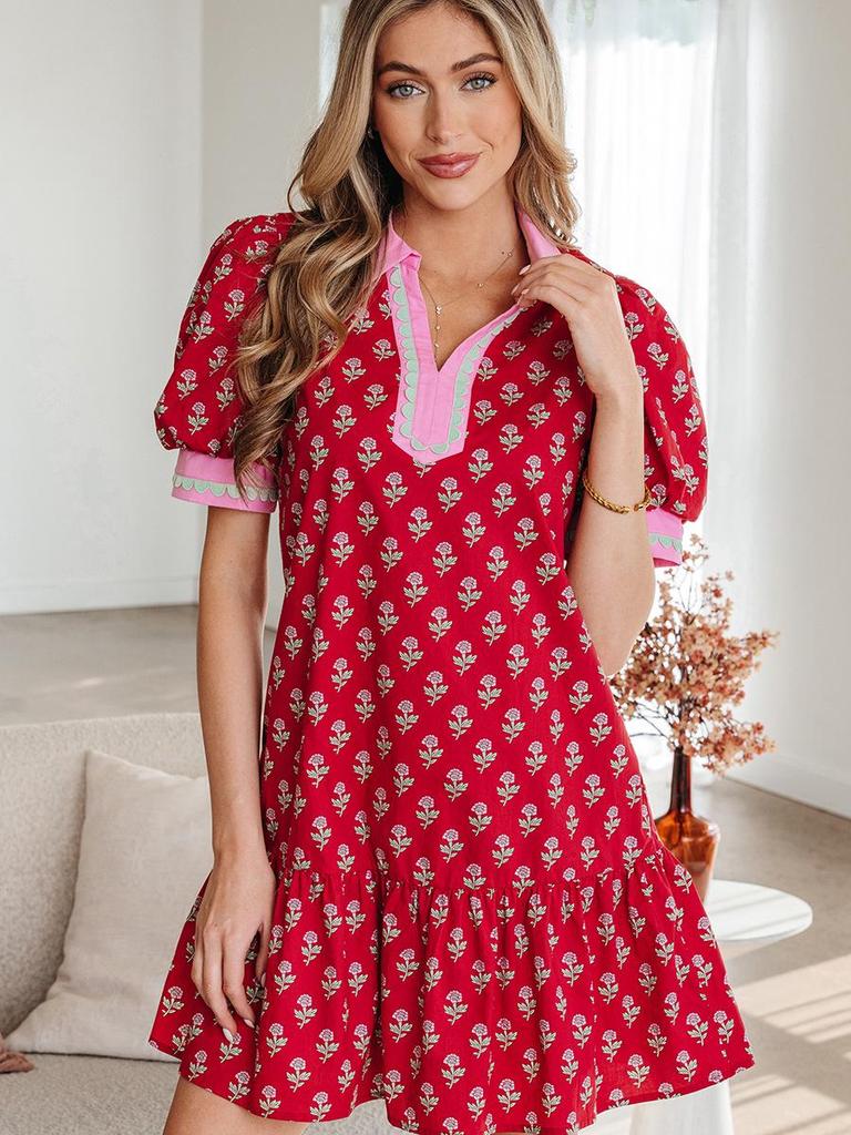2026 Floral Print Lapel Pullover & Short Skirt - Women's Sweet European American Style, High Waist Summer Dress
