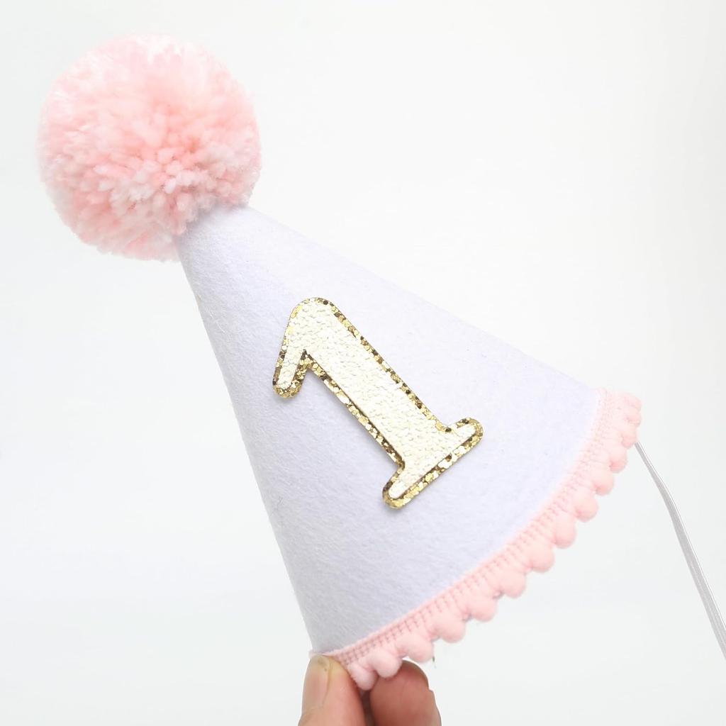 HGFC First Birthday Hat for Baby Girls - Glitter Hat with Pink Pom Topper, Cake Smash Photo Prop for 1st Birthday