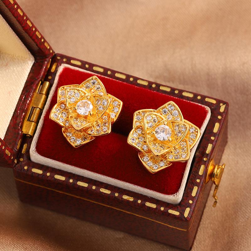 2026 New European and American Niche Color Retention Gold Platinum Micro-inlaid Zircon Flower Ear Buckle Ear Hook Earrings Accessories